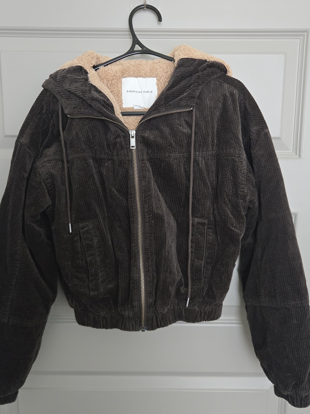 American Eagle Outfitters Dark Brown Corduroy Sherpa-Trim Hooded Puffer